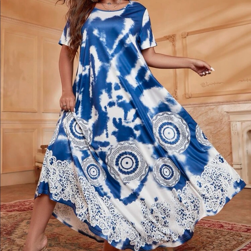 Boho Plus Size Tie Dye Tribal Print Umbrella Hem Maxi Dress - Picture 3 of 5